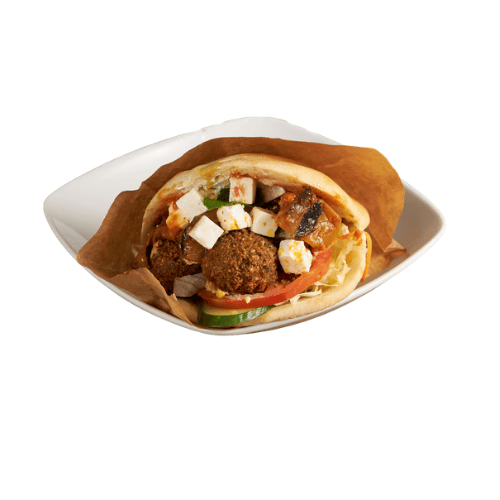 Falafel, Feta, and Eggplant Pita (V)