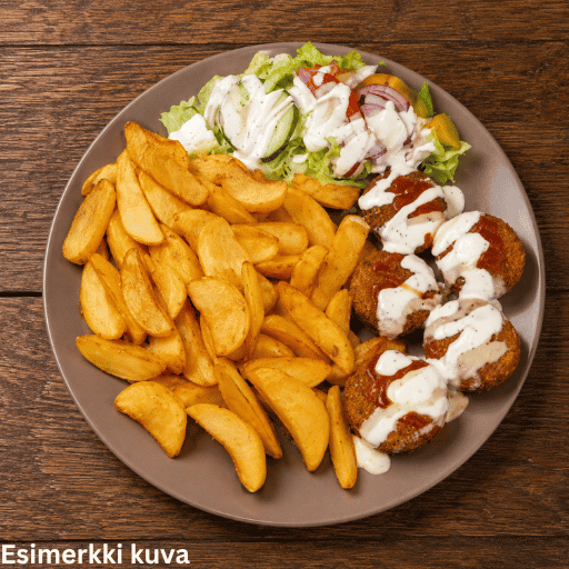 Falafel lohkoperunoilla