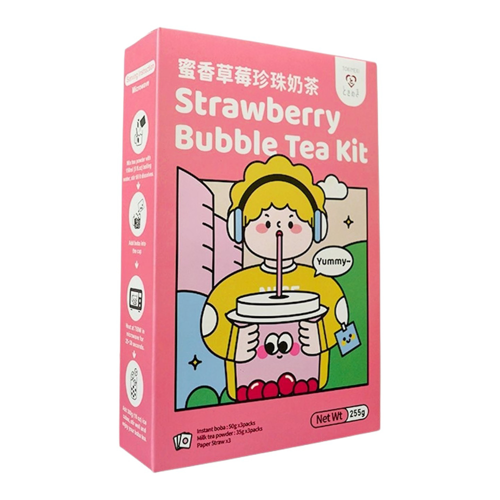 Tokimeki Bubble Tea Kit Strawberry Flavor with paper straw 255g (3 x 85g)