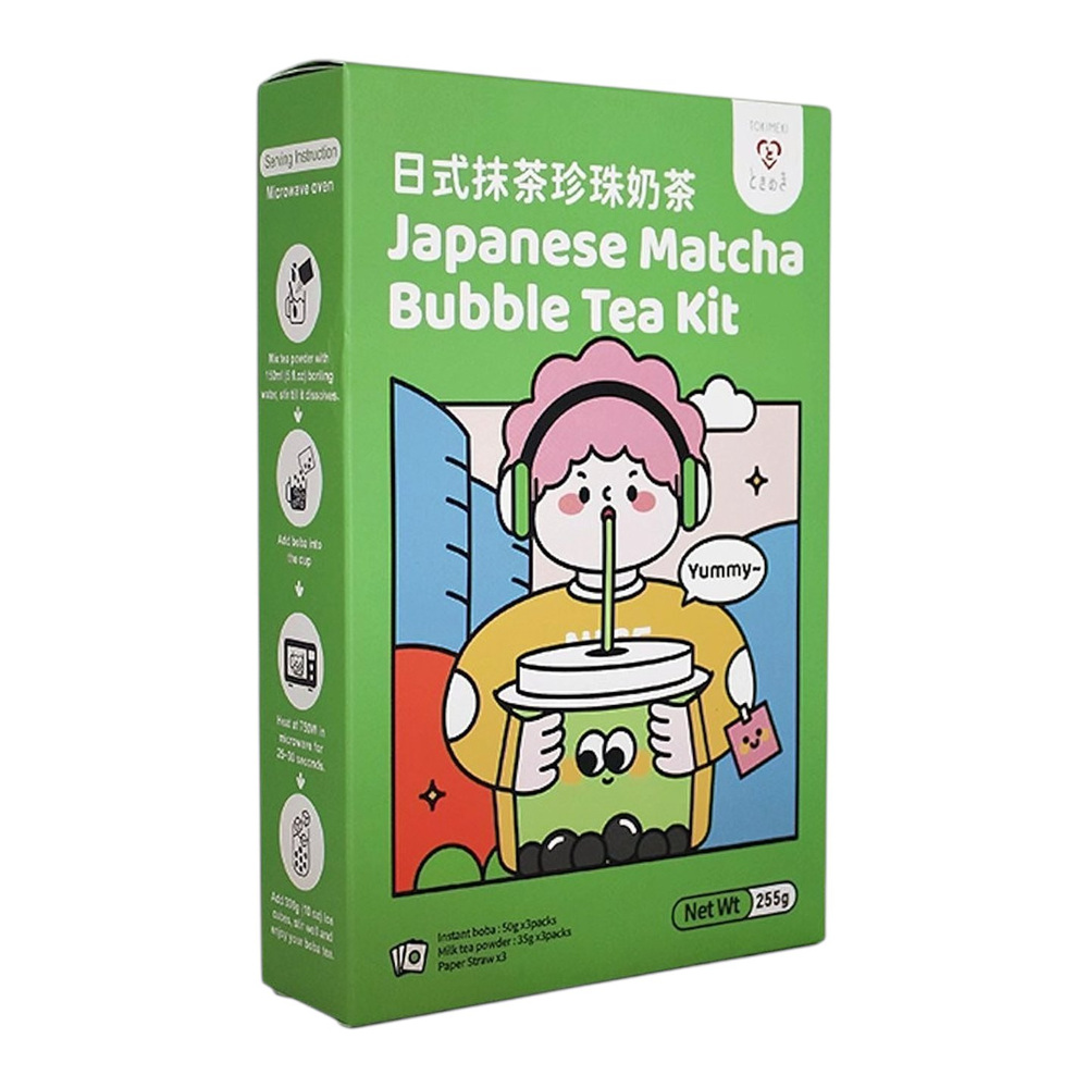 Tokimeki Bubble Tea Kit Matcha Flavor with paper straw 255g (3 x 85g)